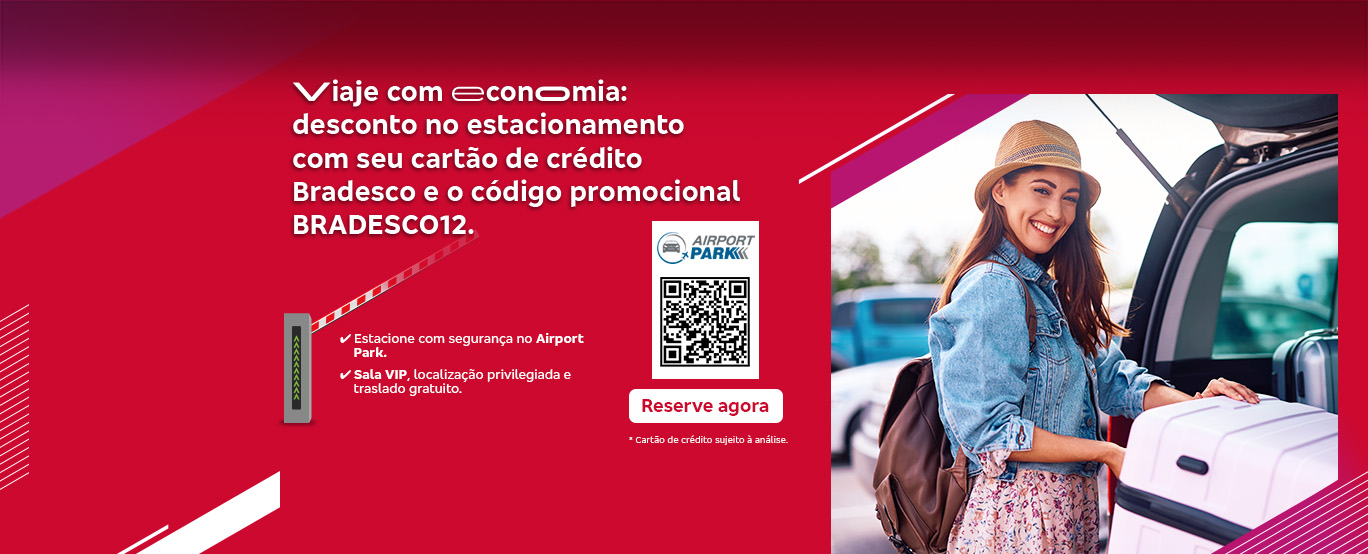 #BradescoAcessivel #PraTodoMundoVer
            Viagem com economia: desconto no estacionamento com seu cartão de crédito Bradesco e o código promocional BRADESCO12. Estacione com segurança no Airport Park. Sala VIP, localização privilegiada e translado gratuito. Reserve agora. * Cartão de crédito sujeito à análise. 
            Texto de acessibilidade: Temos uma imagem com fundo vermelho e grafismos brancos. Ao lado direito temos a foto de uma mulher colocando bagagens de viagem no porta-malas de um carro. Na esquerda seguinte frase está na peça: “Viagem com economia: desconto no estacionamento com seu cartão de crédito Bradesco e o código promocional BRADESCO12. Estacione com segurança no Airport Park. Sala VIP, localização privilegiada e translado gratuito.” Em seguida, temos um QR Code que direciona para a página da promoção e um botão “Reserve agora”. Texto legal: Cartão de crédito sujeito à análise.